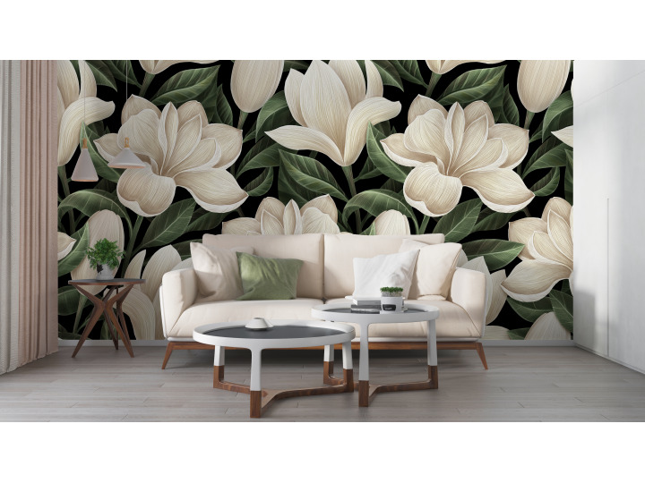 Papier peint magnolia noir et blanc N50