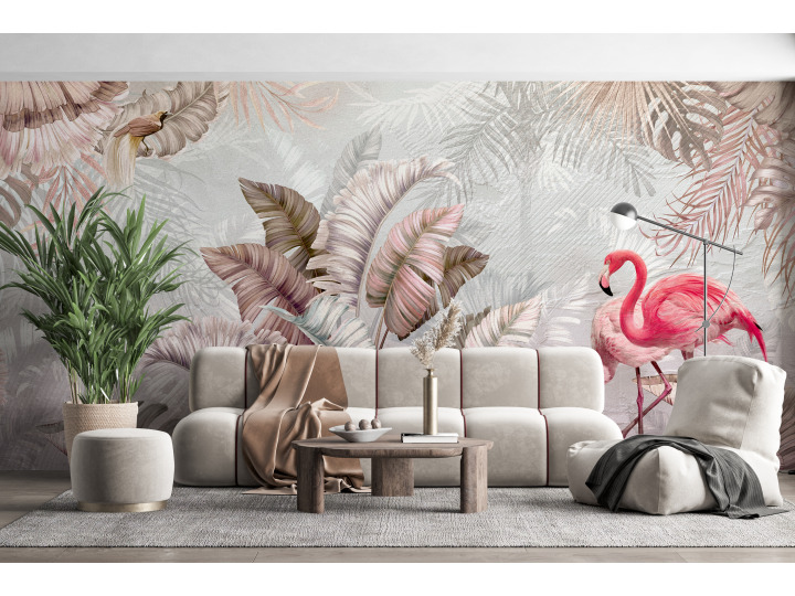 Papier peint tropical flamants roses N48